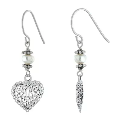 Silver Treasures Sterling Silver Cultured Freshwater Pearl Heart Drop Earrings