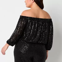 Premier Amour Plus Sequin Womens Straight Neck Long Sleeve Blouse