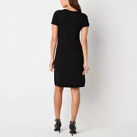 Studio 1 Womens Short Sleeve Embellished Pearl Trim Sweater Dress