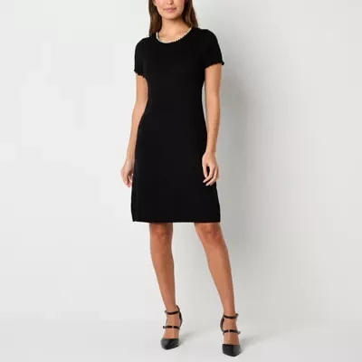 Studio 1 Womens Short Sleeve Embellished Pearl Trim Sweater Dress