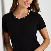 Studio 1 Womens Short Sleeve Embellished Pearl Trim Sweater Dress