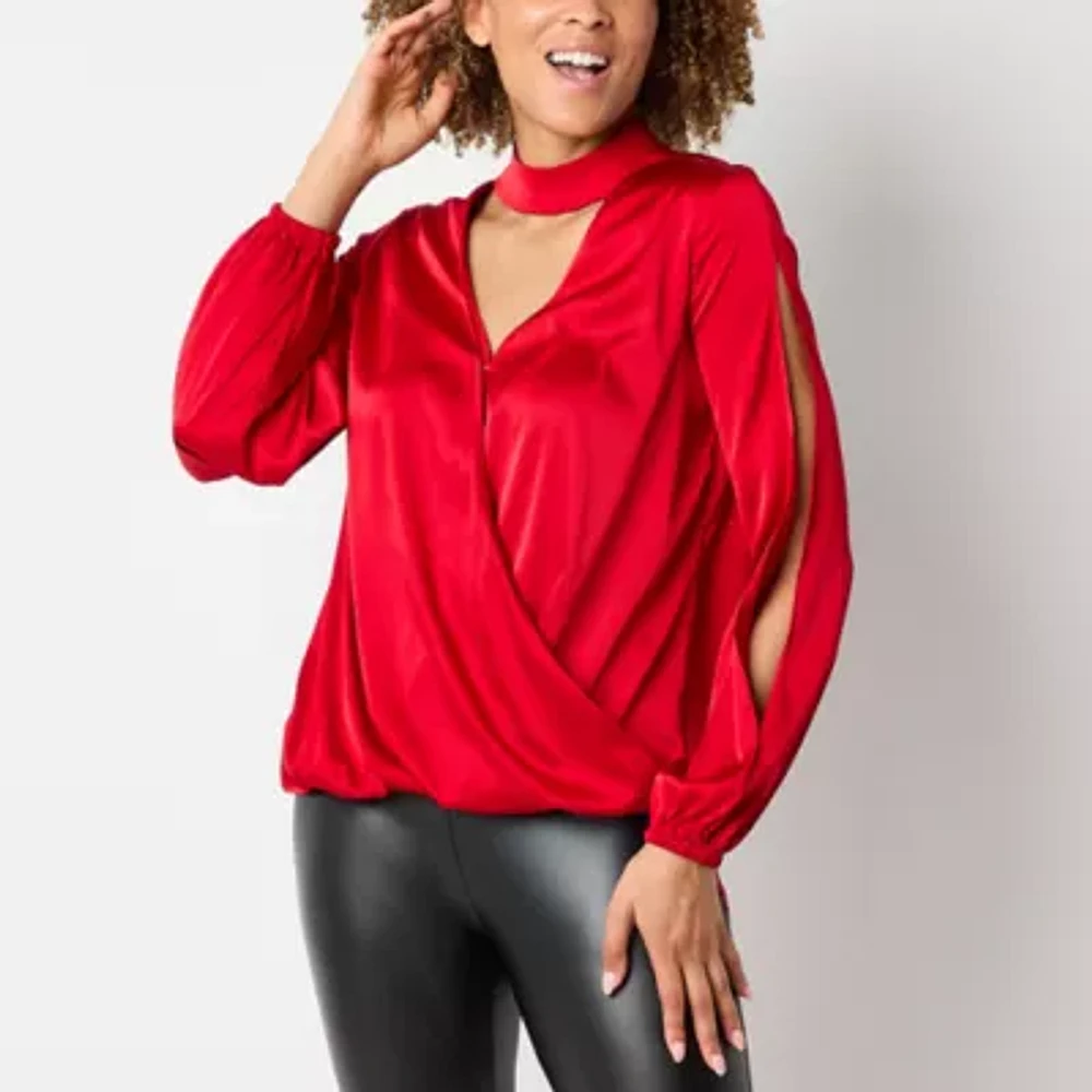 Bold Elements Womens V Neck Long Sleeve Satin Blouse