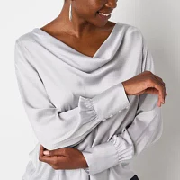 Worthington Womens Round Neck Long Sleeve Satin Blouse