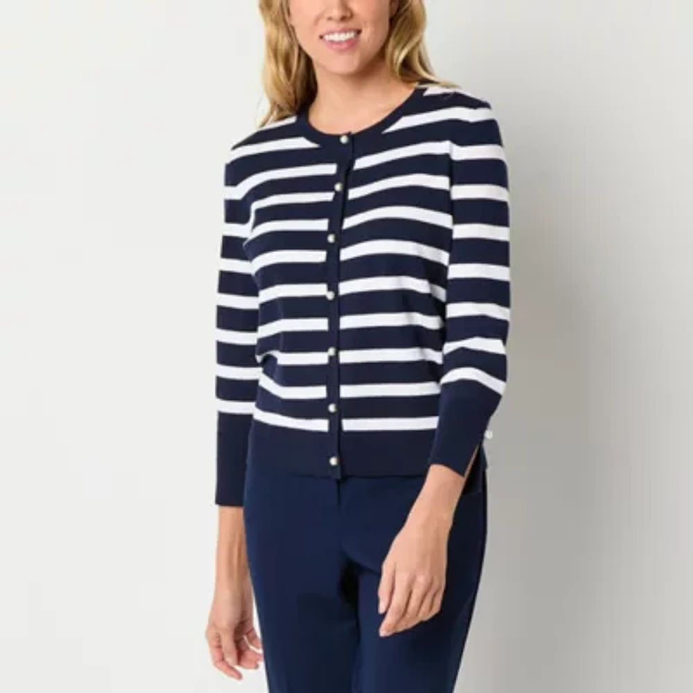 Liz Claiborne Womens Crew Neck Long Sleeve Button Striped Cardigan