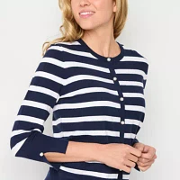 Liz Claiborne Womens Crew Neck Long Sleeve Button Striped Cardigan