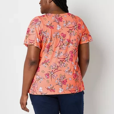 Liz Claiborne Plus Womens Round Neck Short Sleeve Blouse