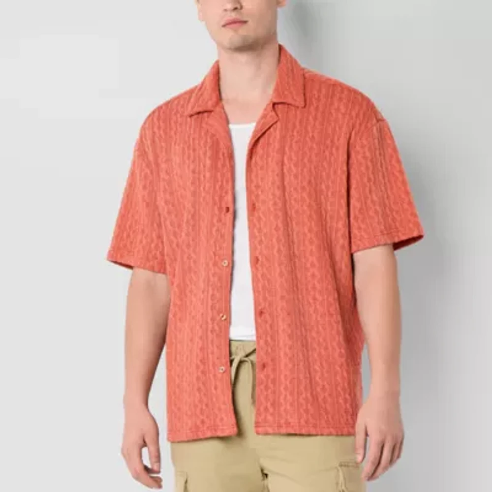 Arizona Mens Short Sleeve Textured Button-Down Shirt