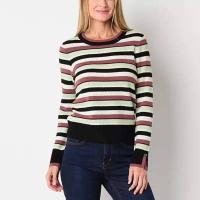 Liz Claiborne Womens Crew Neck Long Sleeve Striped Pullover Sweater