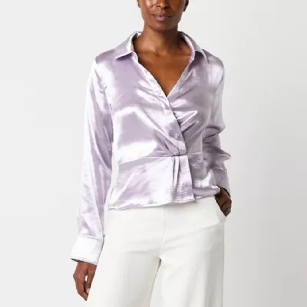 Worthington Womens Long Sleeve Satin Blouse