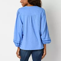 St. John's Bay Womens Split Crew Neck Long Sleeve Embroidered Blouse