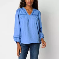 St. John's Bay Womens Split Crew Neck Long Sleeve Embroidered Blouse