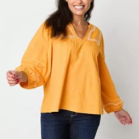 St. John's Bay Womens Split Crew Neck Long Sleeve Embroidered Blouse