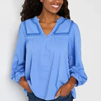 St. John's Bay Womens Split Crew Neck Long Sleeve Embroidered Blouse