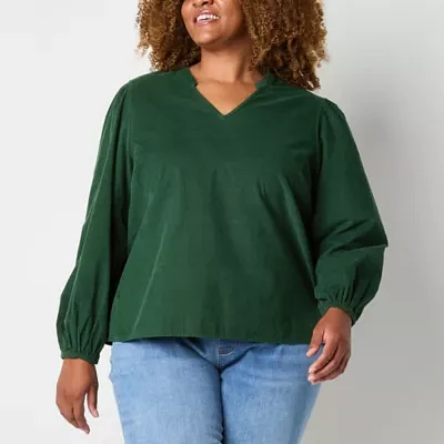 St. John's Bay Plus Corduroy Womens Long Sleeve Blouse