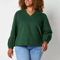 St. John's Bay Plus Corduroy Womens Long Sleeve Blouse