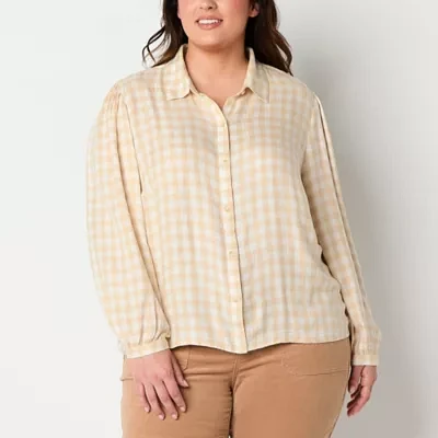 a.n.a Plus Plaid Womens Long Sleeve Blouse