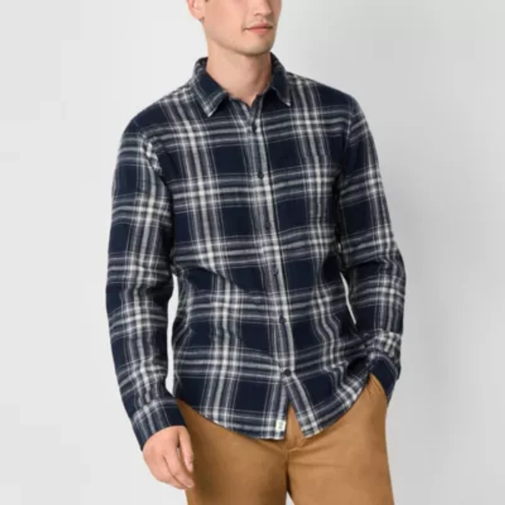 mutual weave Brushed Slub Mens Regular Fit Long Sleeve Plaid Button-Down Shirt