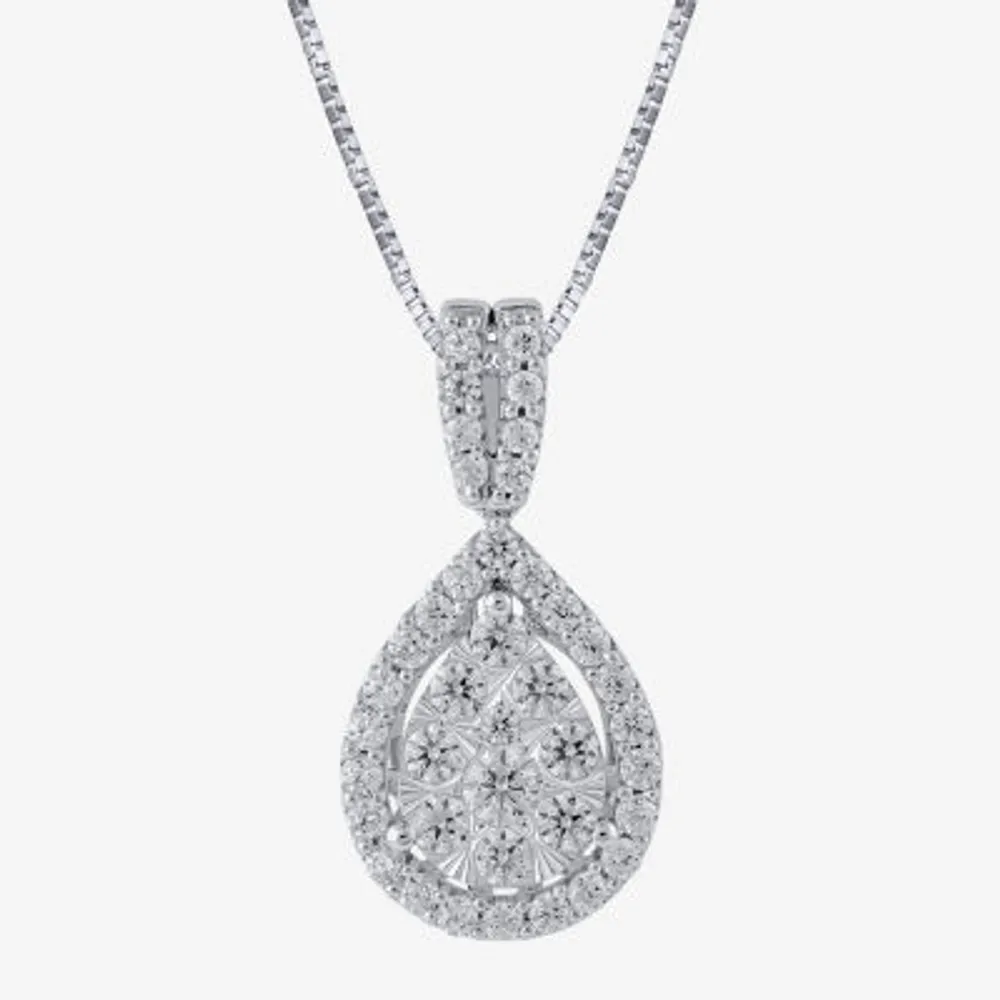 Diamond Blossom (H-I / I1) Womens 1 CT. T.W. Lab Grown White Diamond 10K White Gold Pear Pendant Necklaces