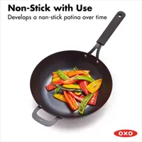 OXO Black Steel 12" Wok with Helper Handle & Silicone Sleeve