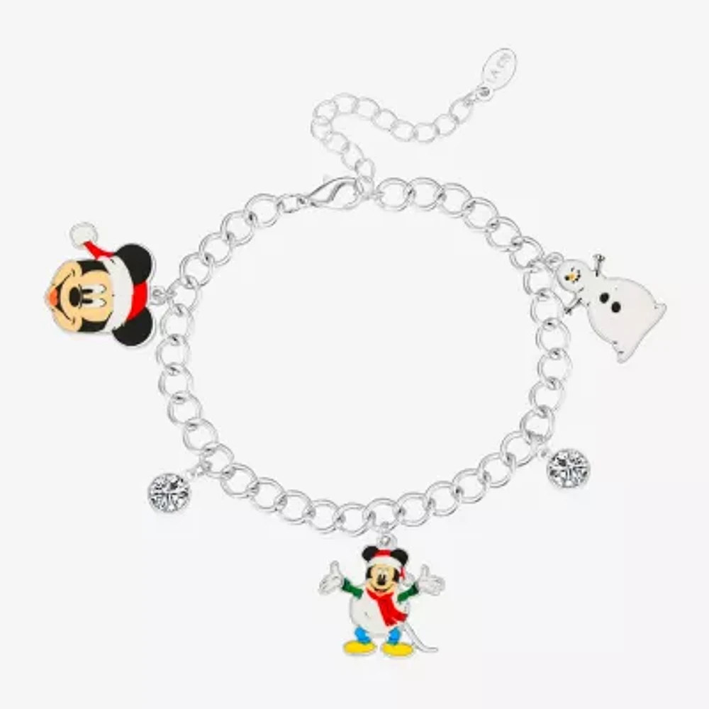 Disney Classics Silver Tone Crystal 7.5 Inch Cable Mickey Mouse Charm Bracelet