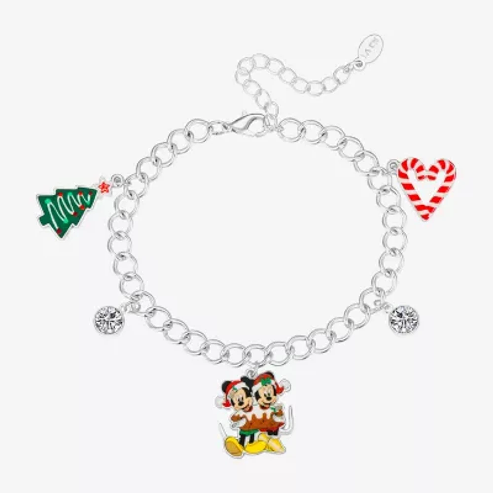 Disney Classics Silver Tone Crystal 7.5 Inch Cable Mickey Mouse Minnie Mouse Charm Bracelet