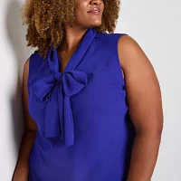 Black Label by Evan-Picone Plus Womens Split Tie Neck Sleeveless Blouse
