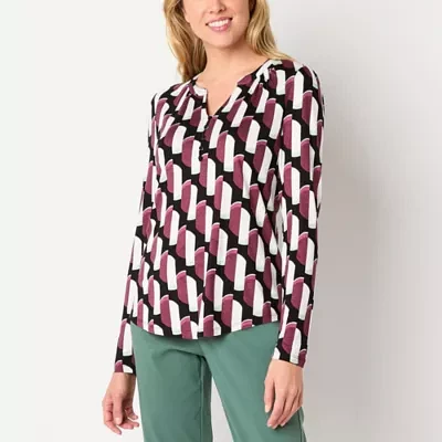 Liz Claiborne Womens Split Crew Neck Long Sleeve Blouse