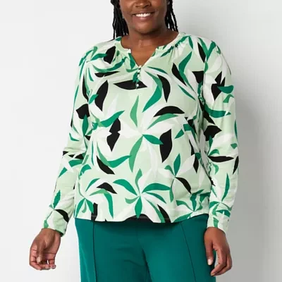 Liz Claiborne Plus Womens Split Crew Neck Long Sleeve Blouse