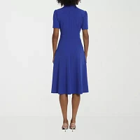 Ivy & Blue Womens Short Sleeve Midi Fit + Flare Dress