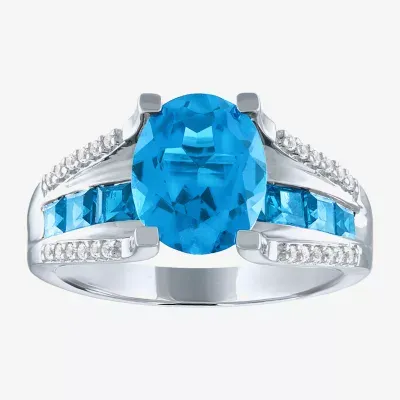 Womens Genuine Blue Topaz Sterling Silver Halo Cocktail Ring