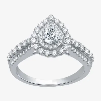 Signature By Modern Bride (H-I / I1) Womens 1 1/4 CT. T.W. Lab Grown White Diamond 10K Gold Pear Side Stone Halo Engagement Ring