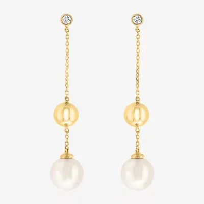 Effy  Diamond Accent White Cultured Freshwater Pearl 14K Gold Over Silver Drop Earrings