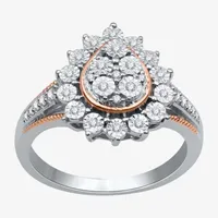 Womens 1/5 CT. Natural Diamond 14K Rose Gold Over Silver Sterling Pear Halo Cocktail Ring