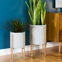 Mid Century 2-Piece Metal Planters with Gold Stands