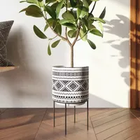 Boho Tribal Printed Ceramic Planter with Metal Stand