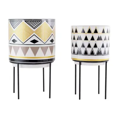 Tribal Printed 2-pc.Ceramic Planters with Metal Stands