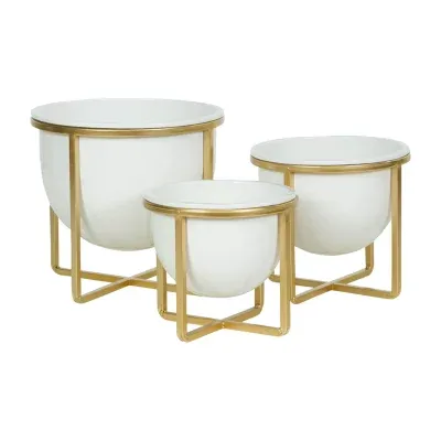 3-pc. White Metal Planter with Gold Stand