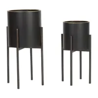 Metal Matte Black Gold Rimmed 2-Piece Planter Set