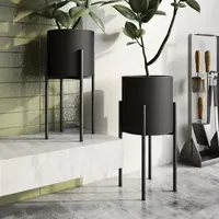 Metal Matte Black Gold Rimmed 2-Piece Planter Set