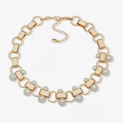 Worthington Gold Tone & Pearl Link 17 Inch Link Collar Necklace