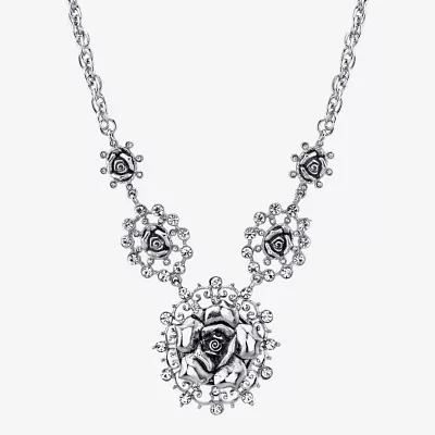 1928 Silver Tone Crystal 16 Inch Rope Flower Statement Necklace