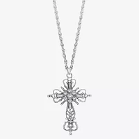 1928 Silver Tone Crystal 30 Inch Rope Cross Pendant Necklace