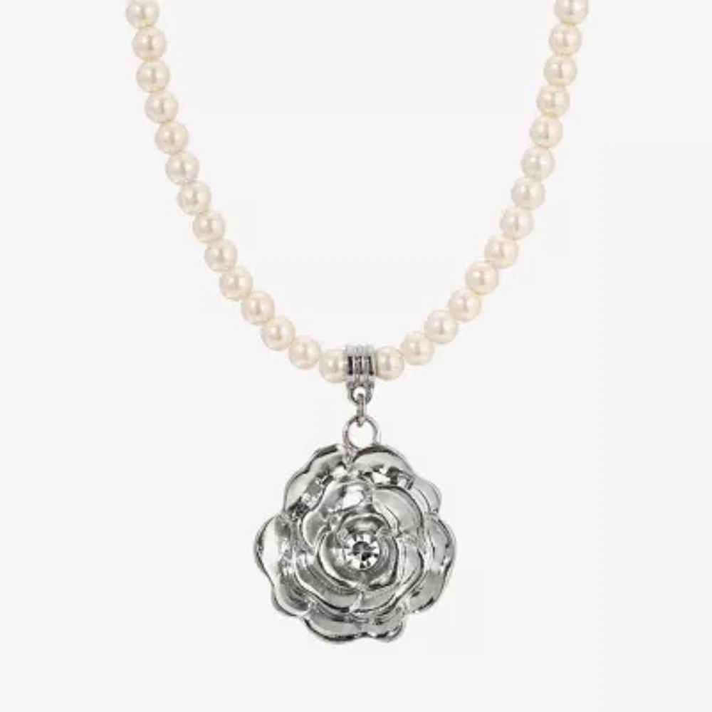 1928 Silver Tone Womens Simulated Pearl Alloy Flower Pendant Necklaces