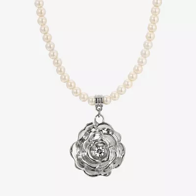 1928 Silver Tone Simulated Pearl 16 Inch Bead Flower Pendant Necklace