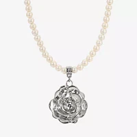 1928 Silver Tone Womens Simulated Pearl Alloy Flower Pendant Necklaces