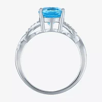 Womens Genuine Blue Topaz Sterling Silver Oval Crossover Side Stone Cocktail Ring