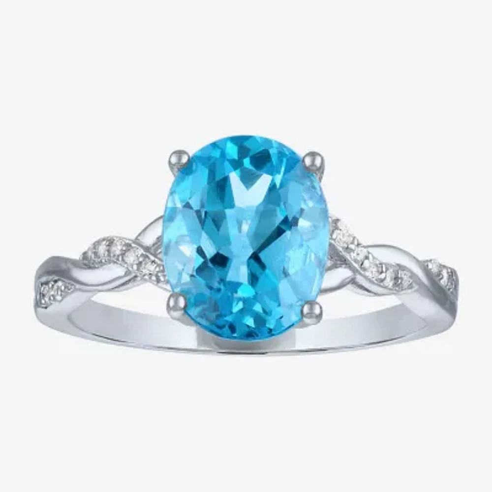 Womens Genuine Blue Topaz Sterling Silver Oval Crossover Side Stone Cocktail Ring