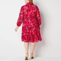 Liz Claiborne Womens Long Sleeve Floral Blouson Dress Plus