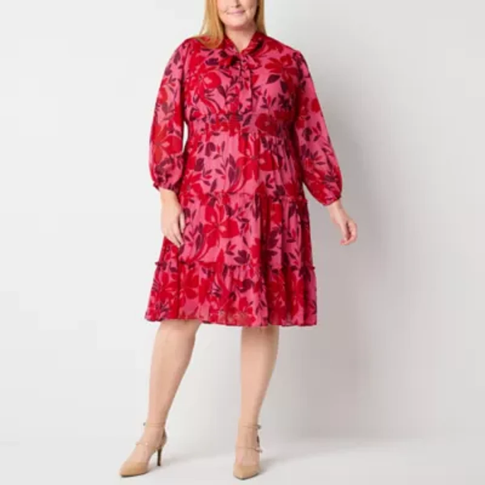 Liz Claiborne Womens Long Sleeve Floral Blouson Dress Plus