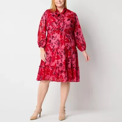 Liz Claiborne Womens Long Sleeve Floral Blouson Dress Plus